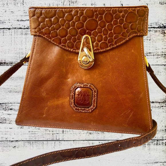 Linea Gani Brown Leather Hard Case Handbag Vintage 70's Crossbody Croc Trim - Picture 12 of 15